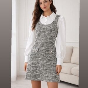 Elegant Gray Tweed Dress Mini Houndstooth,preppy Clueless Med.